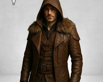 Handmade Brown Leather Assassin Coat | Fur Collar, Cosplay Costume