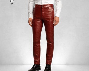 Handmade Croc-Embossed Leather Pants: Slim-Fit Burgundy Trousers