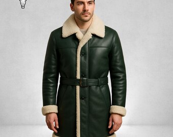 Abrigo de piel de oveja verde hecho a mano para hombre – Chaqueta de invierno de cuero auténtico con borrego blanco – Abrigo largo de lujo y cálido