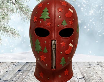 Christmas Red Leather Mask with Zipper & Lace-Up Back – Festive Holiday Hood, Handmade Cosplay Costume Accessory