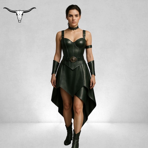 Handmade Green Leather Corset Dress: Medieval Cosplay Outfit