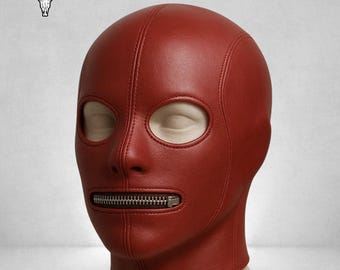 Handmade Red Leather Full Head Mask – Cosplay Hood with Zipper Mouth