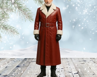 Handgemaakte rode leren kerstmanjas | Kersttrench voor heren met rand van imitatiebont