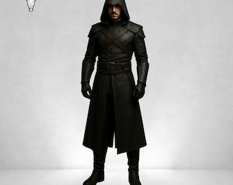Handmade Black Leather Assassin Costume: Medieval Hooded Coat, Cosplay Outfit