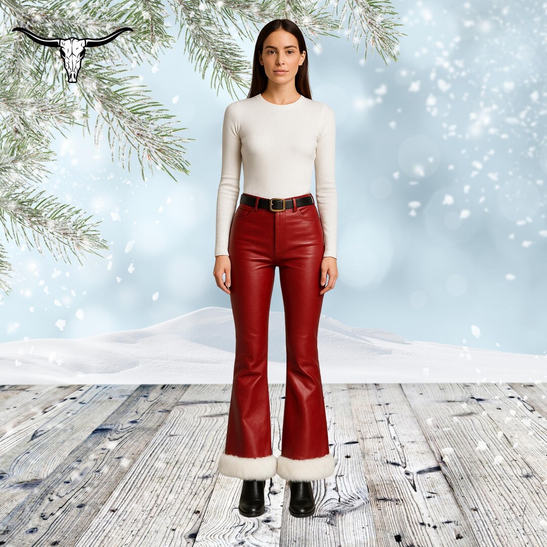 レディースハンドメイドレッドレザーフレアパンツ｜サンタスタイル