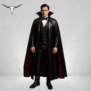 May include: A black leather coat with a red lining, worn over a black vest, shirt, and pants. The coat has a wide collar and a cape-like design. The outfit is completed with a bow tie and black boots. A bull skull logo is in the upper left corner.