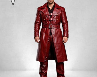 Handmade Men’s Red Leather Outfit – Long Leather Coat with Matching Pants – Gothic, Cosplay & Festival Wear