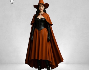 Handgemaakt elegant heksenkostuum: leren korset, oranje cape, gotische jurk