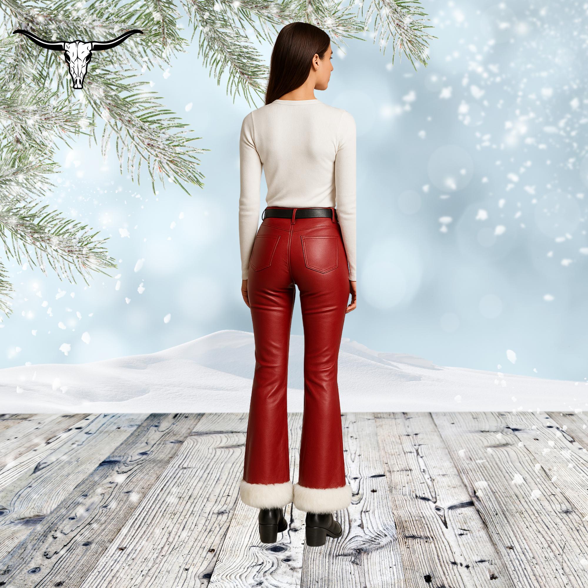 レディースハンドメイドレッドレザーフレアパンツ｜サンタスタイル