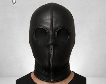 Handmade Black Leather Hood Mask: Artisan Full-Face Design | Full Head Cover Cosplay