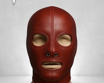 Handmade Red Leather Full Head Mask Hood with Lace-Up Back | Unisex Cosplay Costume Accessory