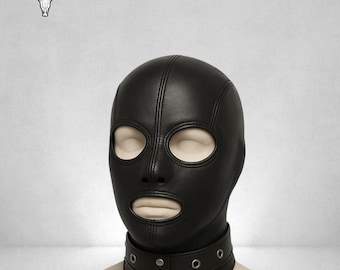 Handmade Black Leather Full-Face Hood: O-Ring Collar, Zipper Back