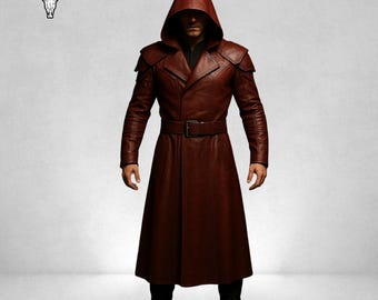 Men's Red Leather Hooded Trench Coat | Handmade Cosplay Assassin Jacket