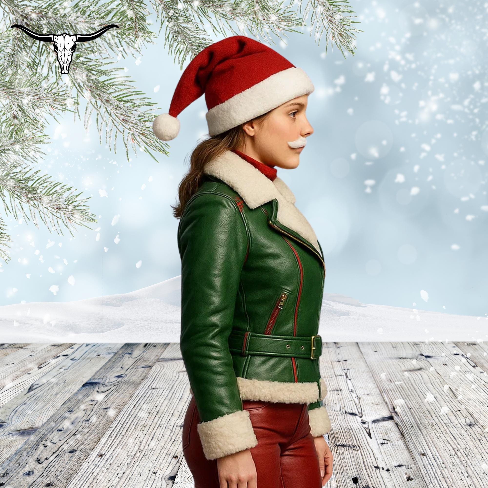 leather santa dress Handmade Leather Santa Costume Shearling Trim Jacket & Pants Set