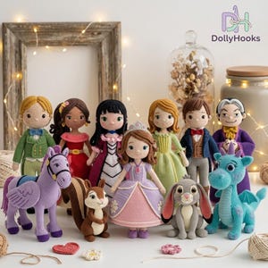 May include: A collection of crocheted dolls and animal figures including a purple winged horse, a brown squirrel, a princess in a lavender dress, a gray rabbit, and a teal dragon, alongside several human figures in colorful outfits.