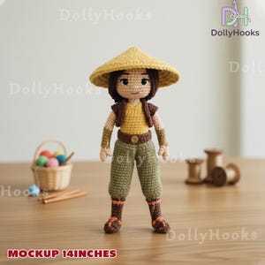 May include: A handmade crochet doll, approximately 14 inches tall, wearing a yellow hat, shirt, and brown vest. The doll has green pants and brown boots. The doll is standing on a wooden surface. The text "Mockup 14 inches" is at the bottom.