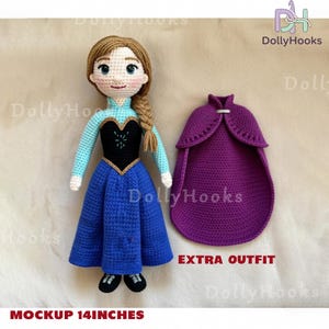 May include: A handmade crochet doll, approximately 14 inches tall, dressed in a blue and black dress with a matching purple cape. The doll has a braided hairstyle and is wearing black shoes. The words "EXTRA OUTFIT" and "MOCKUP 14 INCHES" are visible.