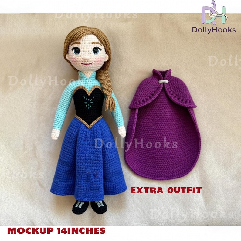 May include: A handmade crochet doll, approximately 14 inches tall, dressed in a blue and black dress with a matching purple cape. The doll has a braided hairstyle and is wearing black shoes. The words "EXTRA OUTFIT" and "MOCKUP 14 INCHES" are visible.