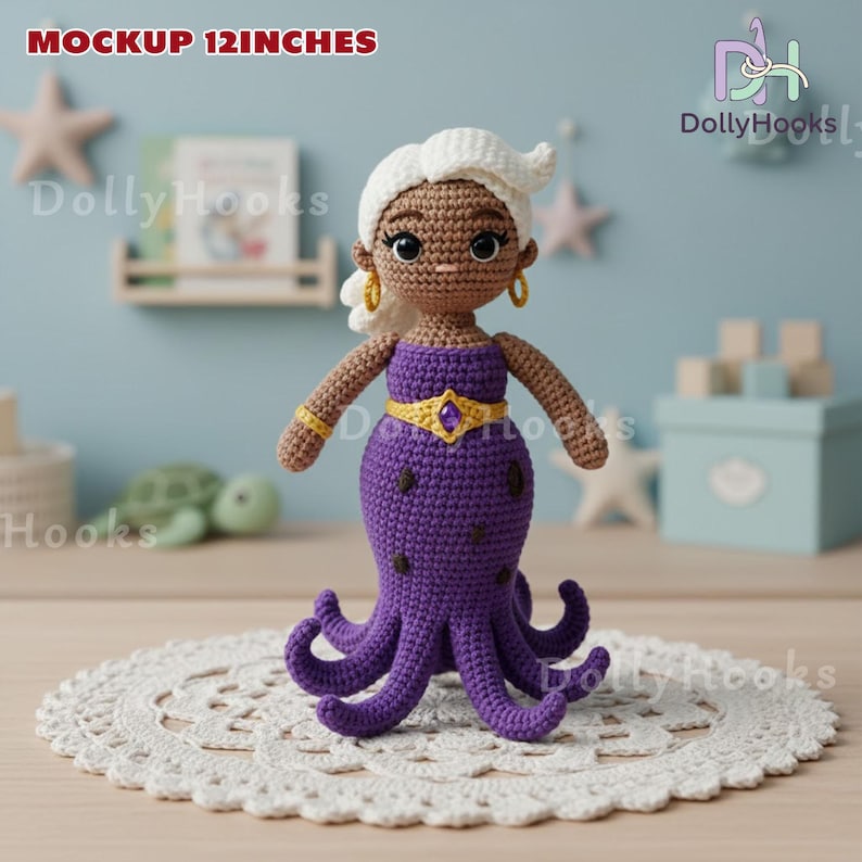 Disney Jr.s Ariel Characters Dolls, Dark Skin Ariel Mermaid Doll, Handmade Jr.s Ariel Crochet Doll Set, Ursula Doll, Flounder Fish Doll bild 4