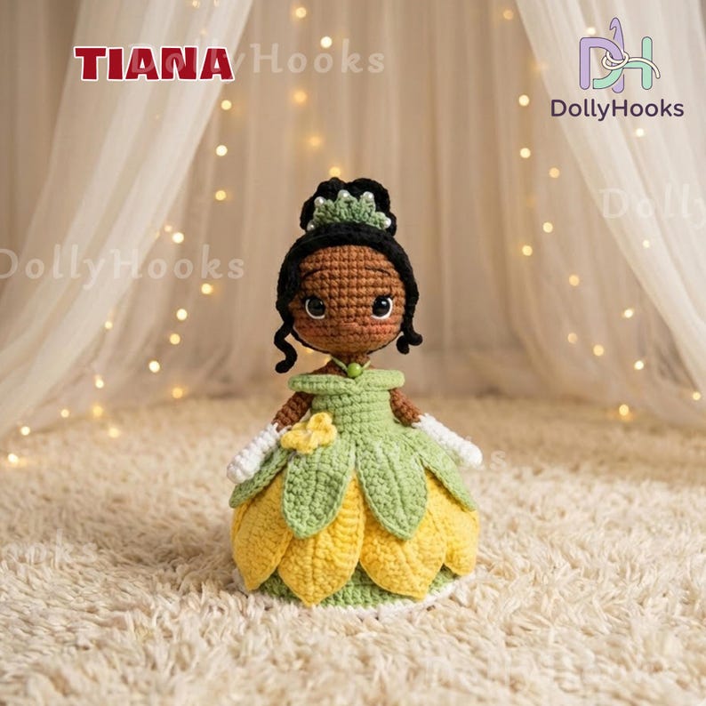 May include: A handmade crochet doll of a princess, featuring a green and yellow petal-shaped dress. The doll has black hair, a green crown, and white gloves. The doll is standing on a cream-colored surface. The text "TIANA Hooks" and "DollyHooks" are visible.
