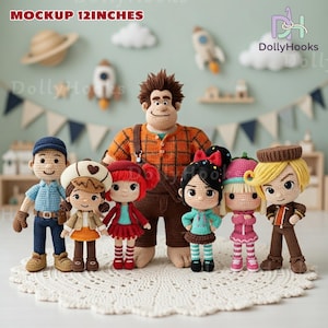 May include: A collection of seven crocheted dolls, each approximately 12 inches tall, depicting characters from a popular animated film. The dolls are arranged on a white, lacy surface, with a light green background decorated with space-themed wall art. The text "MOCKUP 12 INCHES" is at the top.