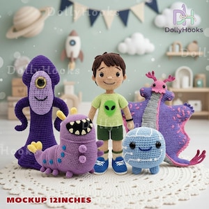 May include: A collection of handmade crochet toys, including a boy doll, various monsters, and a dinosaur. The toys are in shades of purple, blue, green, and pink. The text "MOCKUP 12 INCHES" is visible at the bottom.
