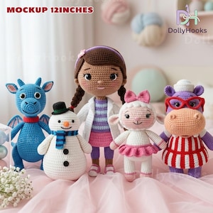 May include: A collection of handmade crochet dolls, including a blue dragon, snowman, doctor, lamb, and hippo. The dolls are approximately 12 inches tall and feature detailed stitching and colorful outfits. The dolls are displayed on a pink surface.