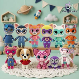 May include: A collection of colorful, handmade crochet dolls, including cats, a dog, and a mouse, each with unique superhero-themed costumes. The dolls are displayed on a white lace doily, with a light green background and decorative elements.