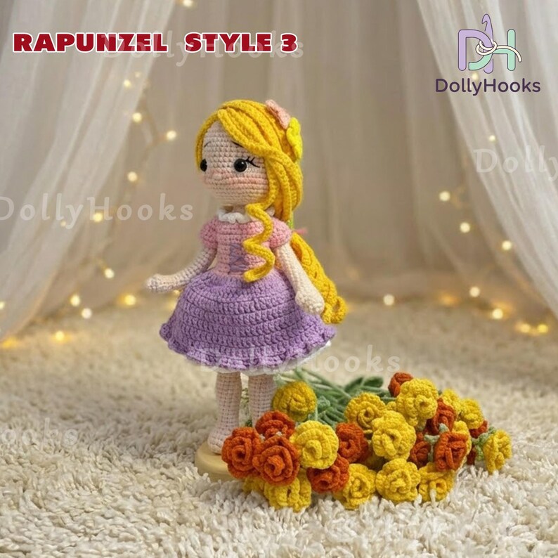 May include: Crocheted doll in the style of Rapunzel, wearing a pink and purple dress with long yellow hair. The doll is standing next to a bouquet of yellow and orange crocheted flowers. The text "RAPUNZEL STYLE 3" is at the top.