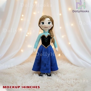 May include: A handmade crochet doll of a princess in a blue dress, black bodice, and a light blue top. The doll has a brown braid and is approximately 14 inches tall. The doll is standing on a white fluffy surface.