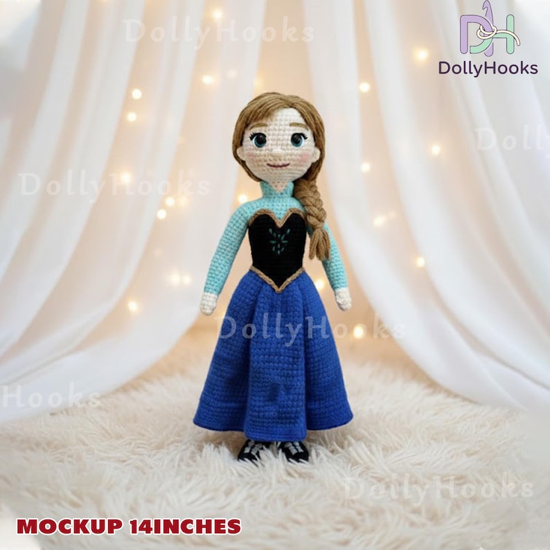 May include: A handmade crochet doll of a princess in a blue dress, black bodice, and a light blue top. The doll has a brown braid and is approximately 14 inches tall. The doll is standing on a white fluffy surface.