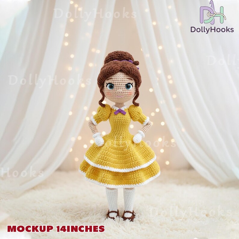 May include: A handmade crochet doll in a yellow dress with white accents, brown hair, and a purple bow. The doll is approximately 14 inches tall. The doll has a detailed face with large eyes and is standing in front of a white curtain.