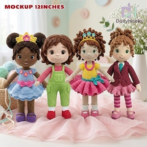 May include: Four handmade crochet dolls, each approximately 12 inches tall, stand side-by-side. The dolls have different outfits, including dresses, overalls, and skirts, and each has unique hairstyles and accessories like crowns and bows. The dolls are made with yarn.