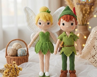 Peter Pan & Tinker Bell Crochet Doll Set, Peter Pan Couple Doll, Tinker Bell Amigurumi Doll, Disney Couple Doll, Handmade Wedding Gift