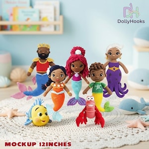 Disney Jr.s Ariel Characters Dolls, Dark Skin Ariel Mermaid Doll, Handmade Jr.s Ariel Crochet Doll Set, Ursula Doll, Flounder Fish Doll bild 1