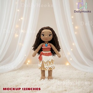 May include: Crocheted doll, approximately 12 inches tall, featuring a character with brown hair, a red and white top, and a skirt with fringe. The doll has a blue necklace and is standing in front of a white curtain. The text "MOCKUP 12 INCHES" is at the bottom.