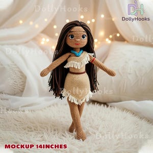 May include: A crocheted doll, approximately 14 inches tall, with long brown hair and a tan dress with fringe. The doll has a turquoise necklace and a red bracelet. The text "Mockup 14 inches" is at the bottom.