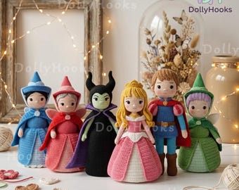 Handmade Princess Aurora Doll, Sleeping Beauty Characters Dolls, Maleficent Plush, Prince Phillip Doll, Crochet Three Good Fairies Plushie