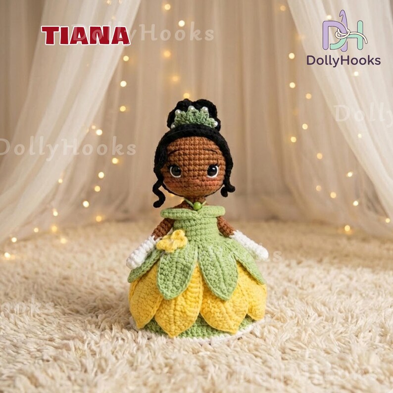 May include: A handmade crochet doll of a princess, featuring a green and yellow petal-shaped dress. The doll has black hair, a green crown, and white gloves. The doll is made by Tiana Hooks and DollyHooks.