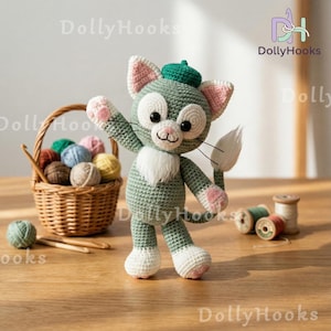 May include: A handmade crochet cat doll in shades of green, white, and pink, wearing a green beret. The cat has large eyes and a white fluffy chest. A basket of yarn and wooden needles are in the background.