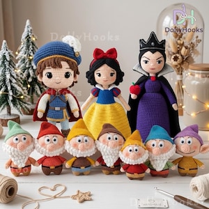 May include: A collection of handmade crochet dolls featuring characters from Snow White. The dolls include Snow White, the Prince, the Evil Queen, and the seven dwarfs. Each doll has unique features and is made with colorful yarn.