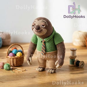 May include: A crocheted sloth doll wearing a green shirt and a striped tie. The sloth has brown and tan coloring and is standing on a wooden surface. A small basket of colorful yarn balls and crochet hooks are in the foreground.