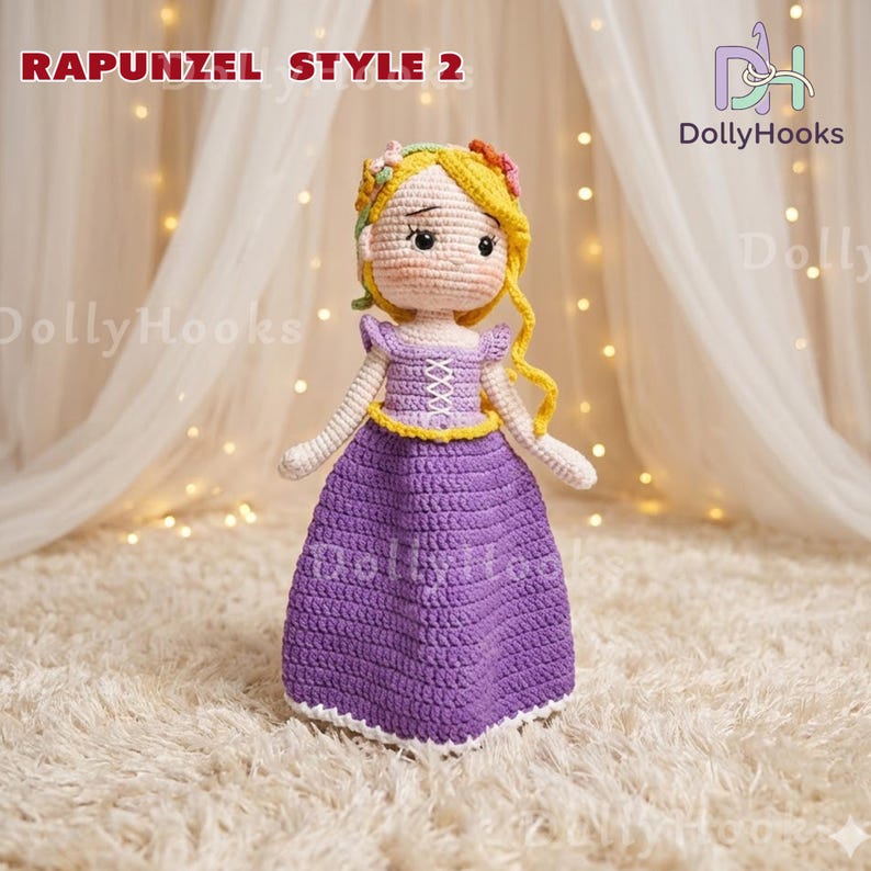 May include: A handmade crochet doll in the style of Rapunzel, wearing a purple dress with a white trim. The doll has blonde hair, a floral crown, and the text "RAPUNZEL STYLE 2". The DollyHooks logo is visible.