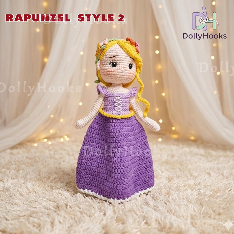 May include: A handmade crochet doll in the style of Rapunzel, wearing a purple dress with a yellow bodice and white trim. The doll has blonde hair and is adorned with floral accents. The text "RAPUNZEL STYLE 2" is displayed at the top.