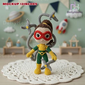 May include: A handmade crochet doll, approximately 12 inches tall, featuring a character with a red mask, yellow and green outfit, and gray tentacles. The doll is standing on a white, lacy doily. The text "MOCKUP 12 INCHES" is visible.