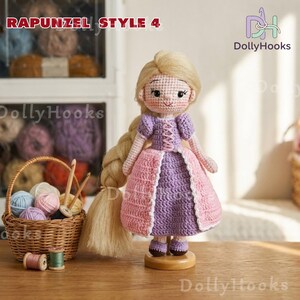 May include: A handmade crochet doll in the style of Rapunzel, with long blonde hair and a pink and purple dress. The doll is standing on a wooden base. The text "RAPUNZEL STYLE 4" is visible at the top of the image.