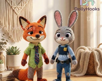 Handmade Nick and Judy Crochet Doll, Nick Wilde Crochet Doll, Judy Hopps Amigurumi, Zootopia Handmade Crafts, Knitted Doll Gift, Home Decor