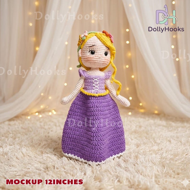May include: A handmade crochet doll, approximately 12 inches tall, featuring a princess design. The doll has blonde hair, a purple dress, and a floral crown. The doll is standing on a white, fluffy surface. The text "Mockup 12 inches" is at the bottom.