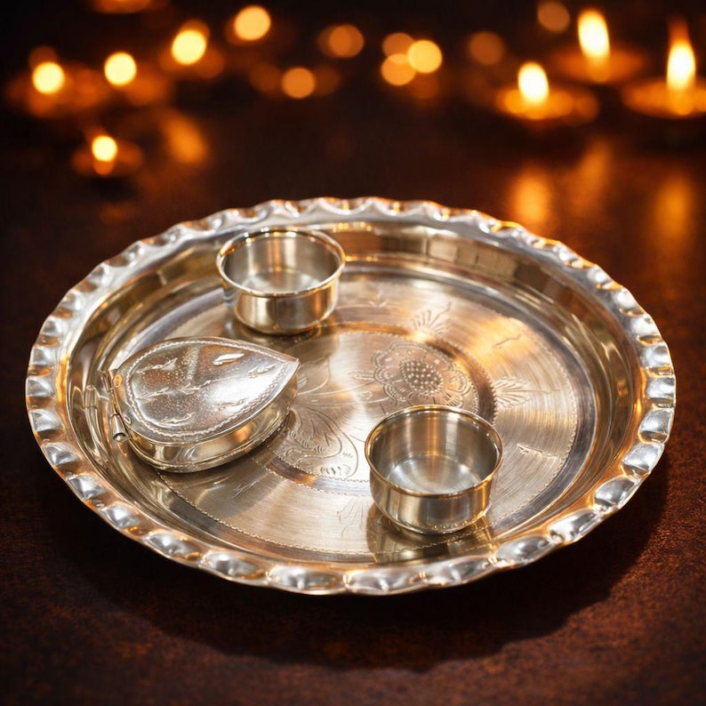 999 Pure Silver Pooja Thali Set Hallmarked Indian Ritual Plate With ...