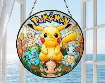 Atrapasueños de cristal de Pokémon, atrapasueños de cristal con nombre personalizado, adorno de cristal de Pikachu, atrapasueños de prisma de dibujos animados, regalo para ella
